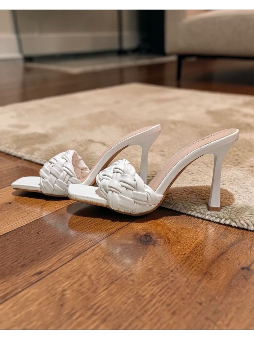 Braided White Heeled Mules With Square-Toe Design & Stiletto Heels